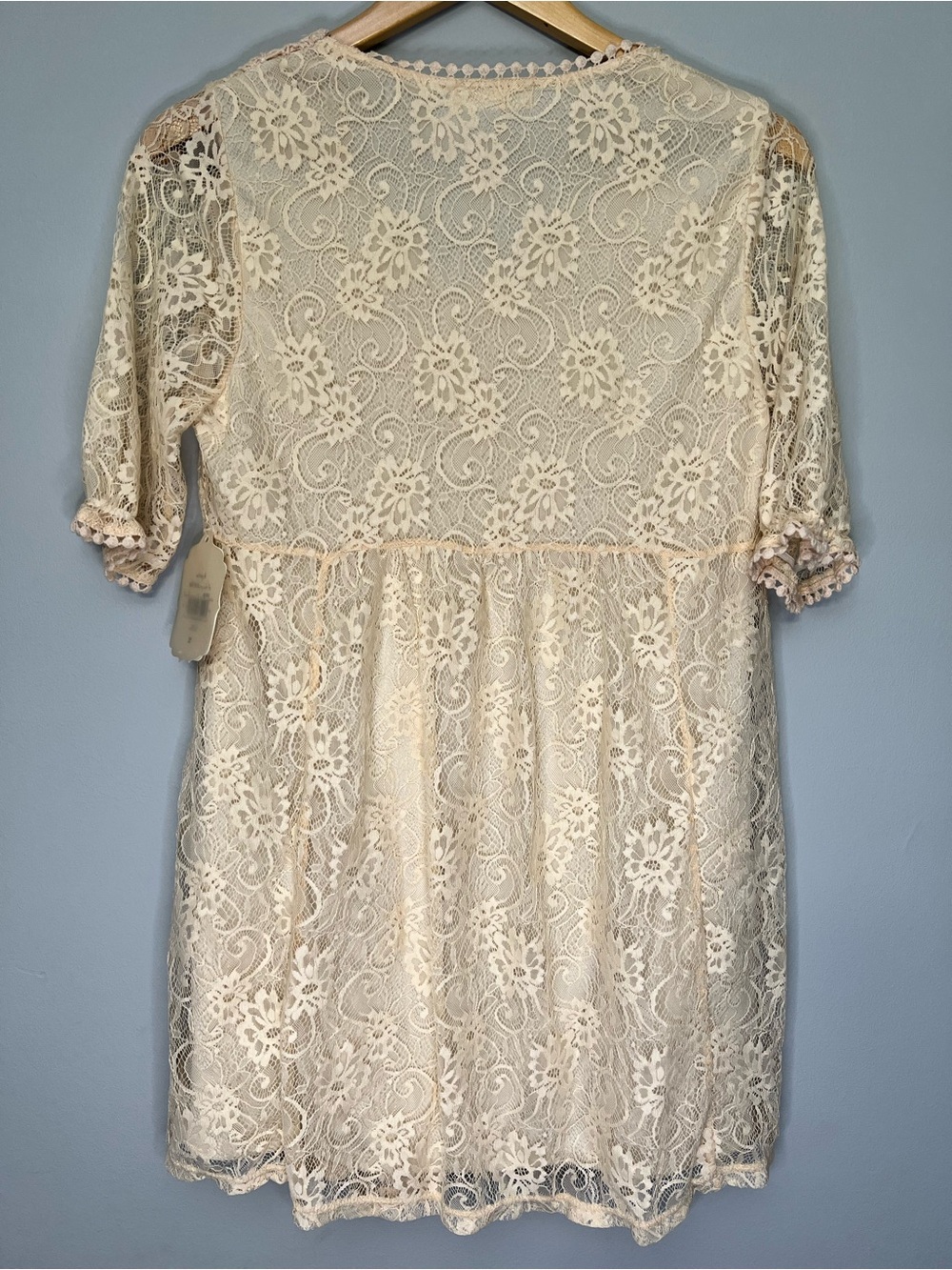 Romantic Boho Cottagecore Lace Crochet Cream Summer Mini Dress Medium - Picture 2 of 9
